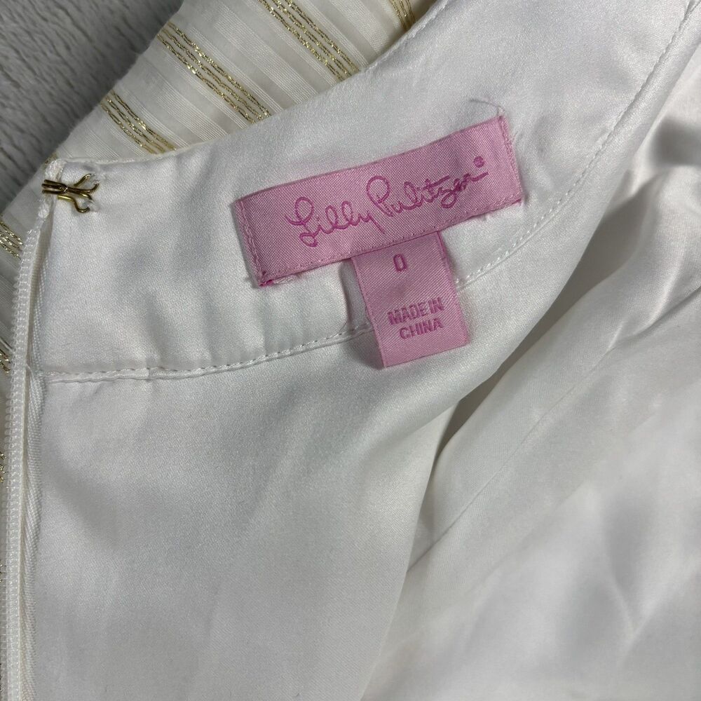Lilly Pulitzer Henley Dress Womens 0 Cream Gold Metallic Stripe Organza Preppy - Picture 8 of 13